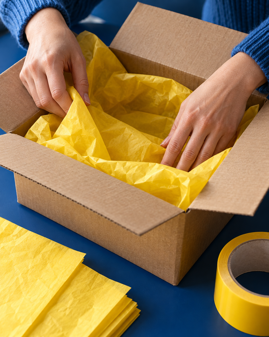 Illustration of hands preparing a parcel with yellow packing material on a blue table