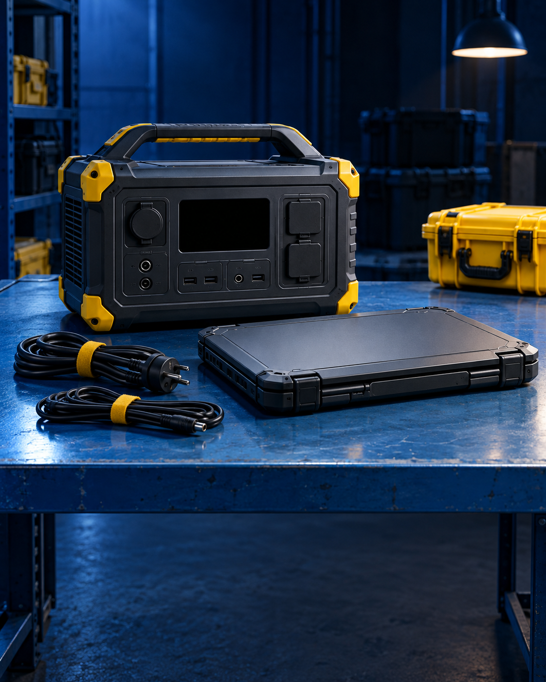 Illustrative portable power unit, laptop, and cables