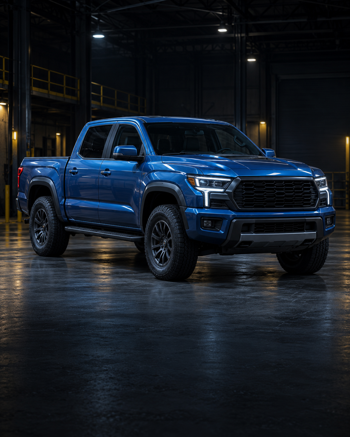 Illustrative unbranded blue crew-cab pickup truck